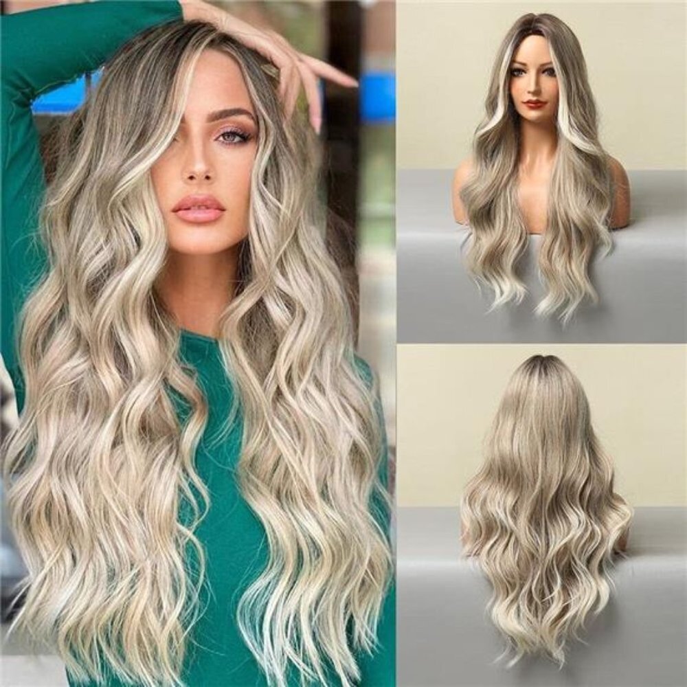 Women's Ombre Ash Blonde Wig Long Wavy Synthetic Wig, 26Inch - Picture 1 of 7